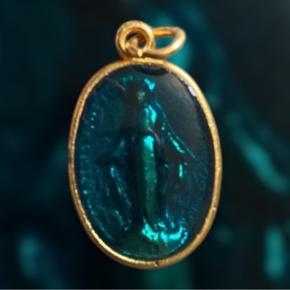 Religious Gold Plated and Teal Pendant VTG